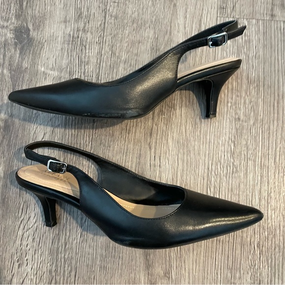 ALFANI Babbsy Black Leather Pointed Toe Slingback Kitten Heels - Picture 2 of 11